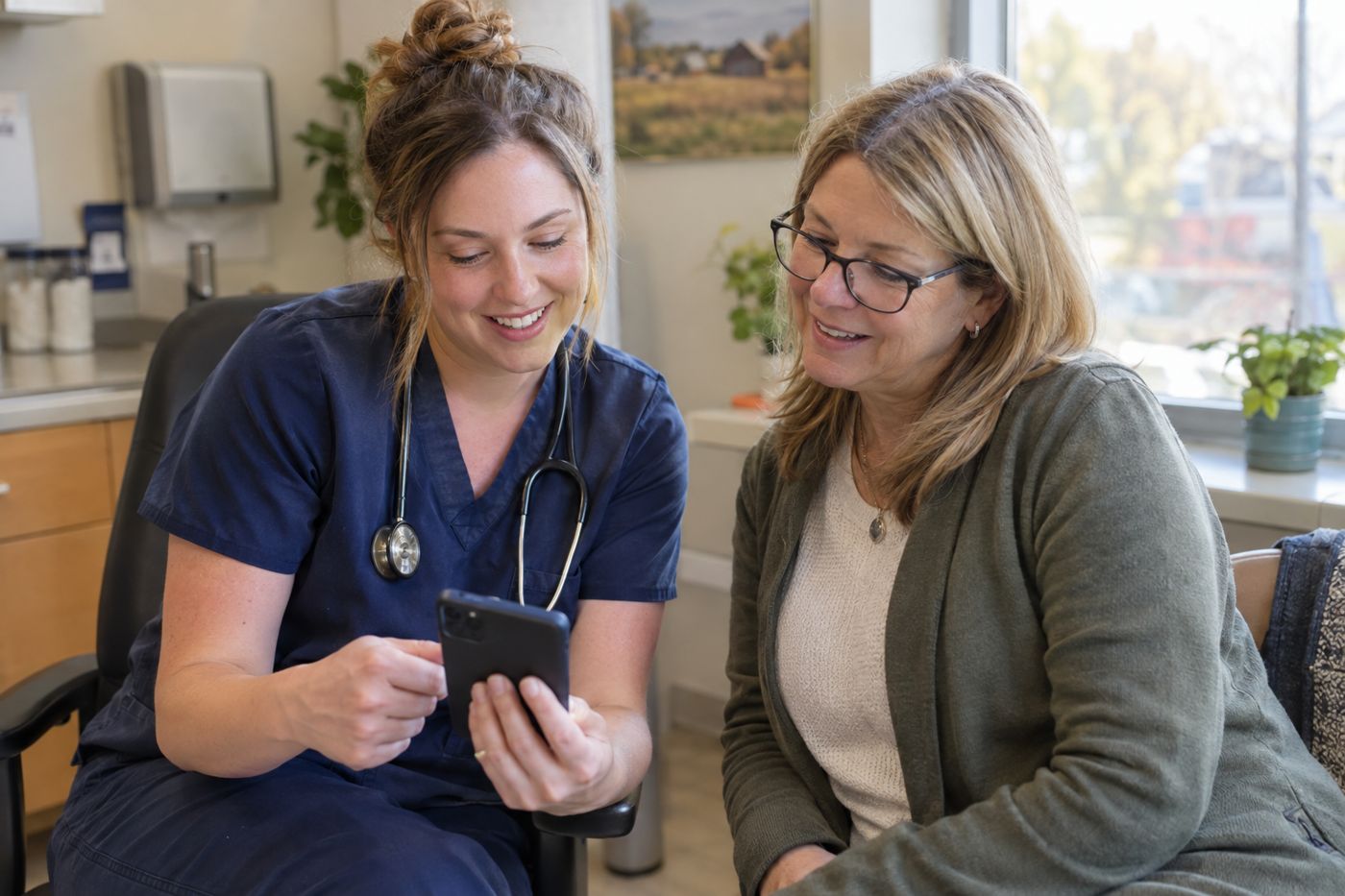 Two coworkers at a medical clinic, one showing the other something on her phone