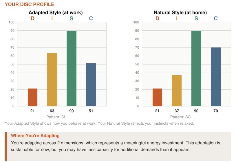 Sample report: Adapted Style at work and Natural Style at home bar charts, with a Where You're Adapting callout