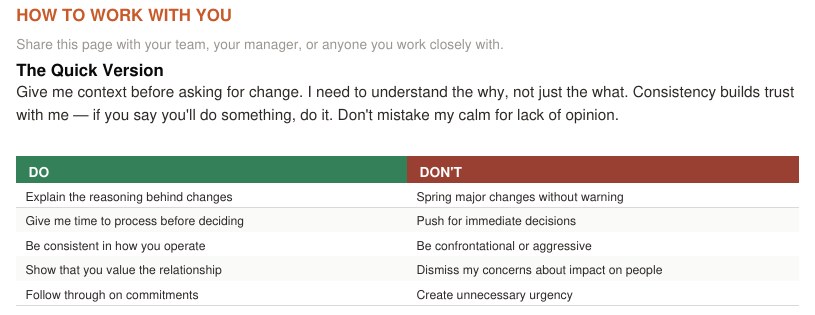 Sample report: How to Work With You page with a quick version and a Do and Don't table