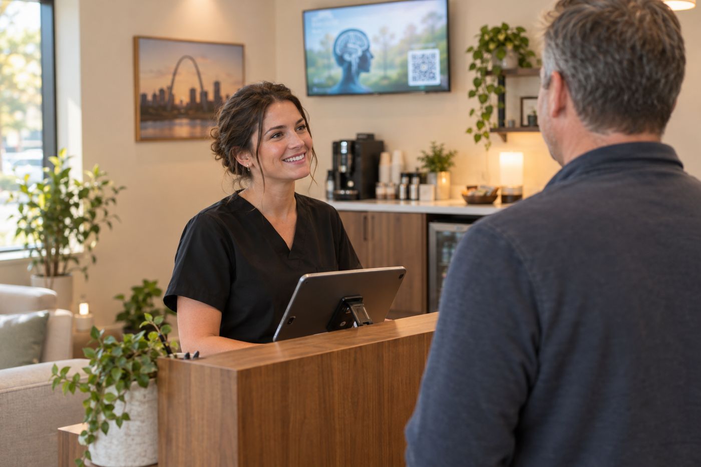 A front-desk staffer in black scrubs welcoming a patient at a modern clinic check-in podium