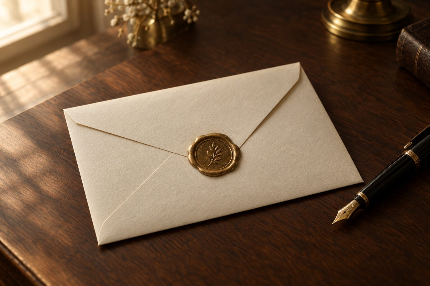 A sealed cream envelope with a gold wax seal on a walnut desk