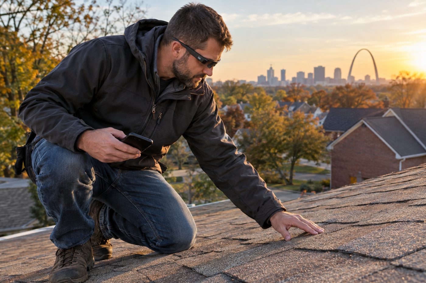A roofing crew lead in smart glasses inspecting shingles on a St. Louis roof