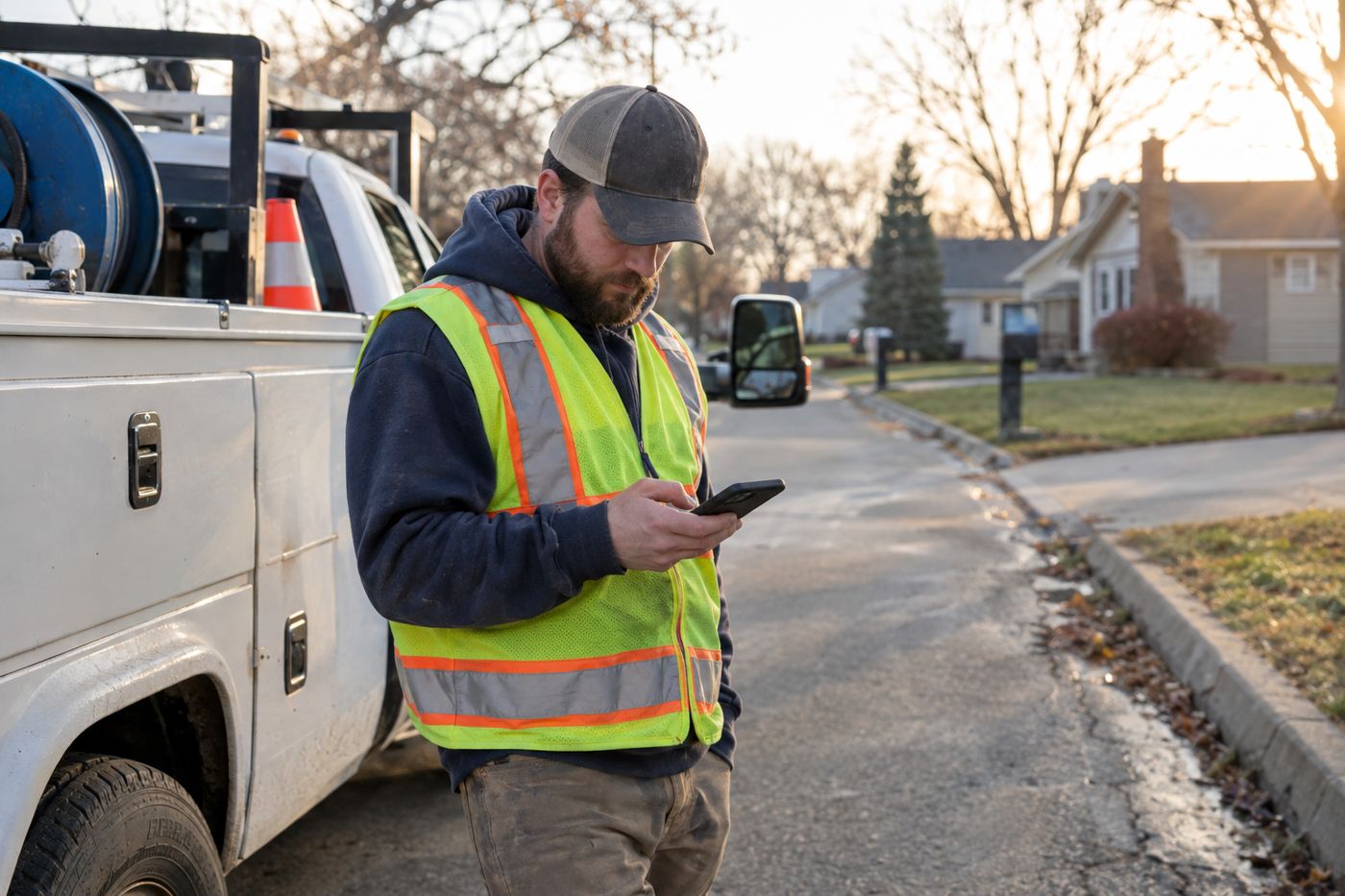 A water treatment technician beside his service truck checking his phone